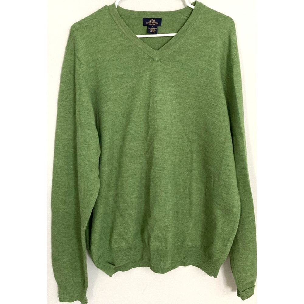 Brooks Brothers 346 Sweater Men L Green Merino Wool Vneck Stretch Knit Hong Kong